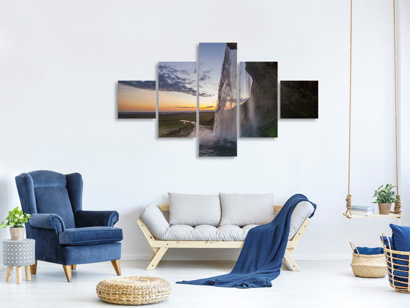 5-piece-canvas-print-evening-mood-at-the-waterfall