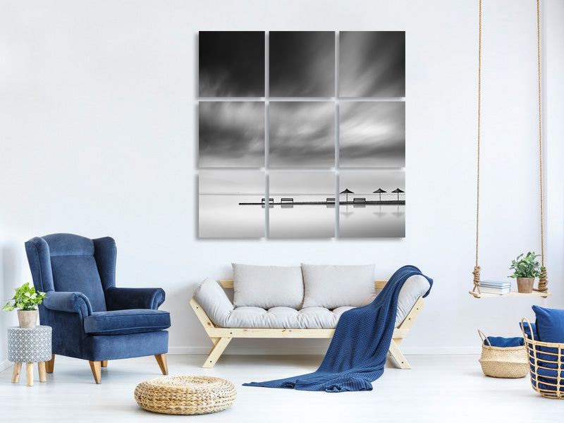 9-piece-canvas-print-four-benches-and-three-umbrellas